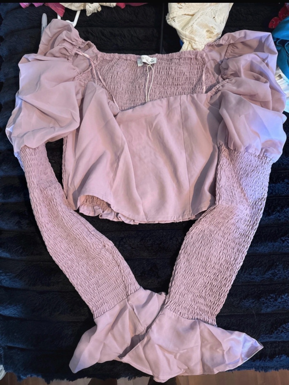 Women's Dusty Pink Smocked Puff-Sleeve Blouse